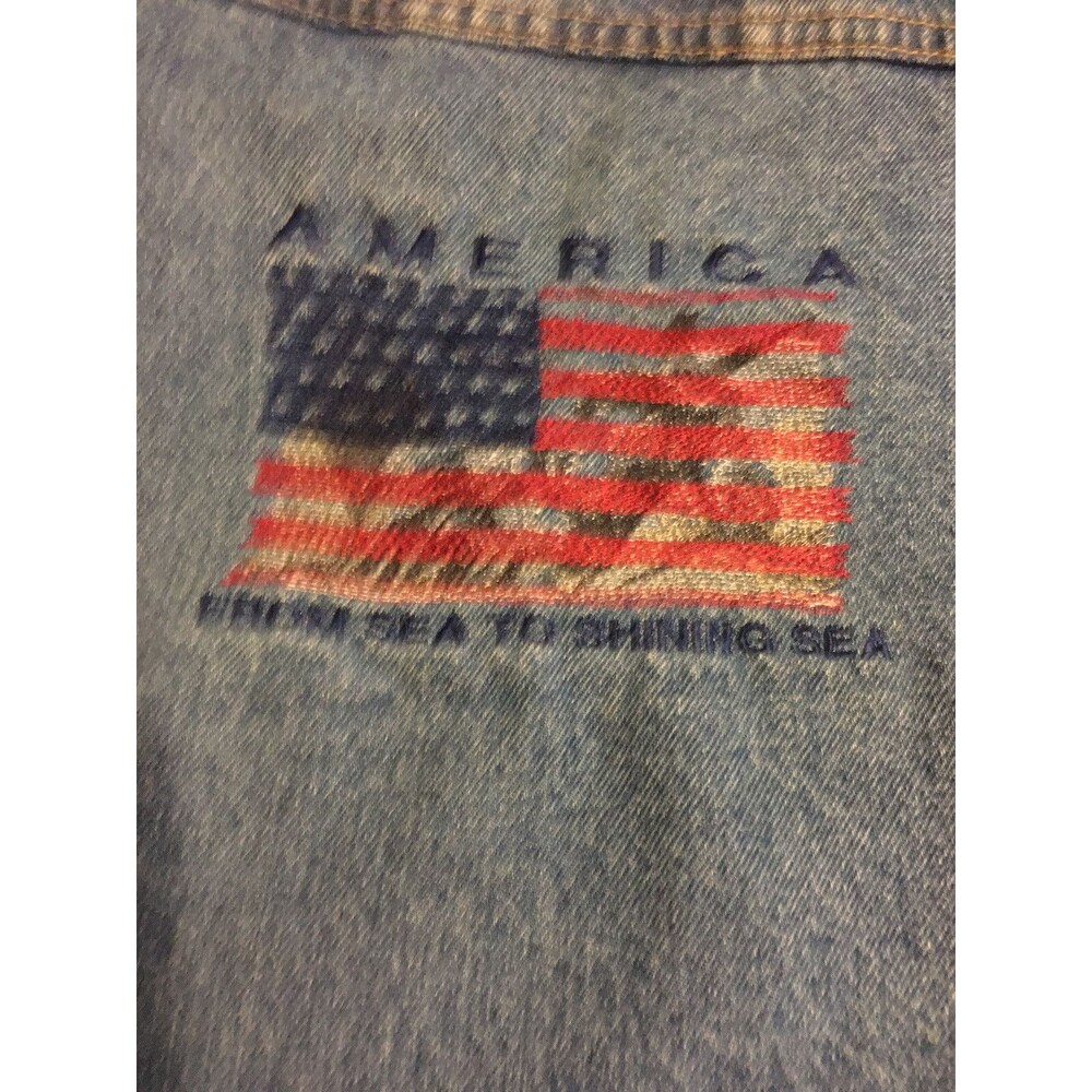 Cyrk Company 90’s Blue Jean Jacket Mens Sz XL Large Patriotic Patch On Back